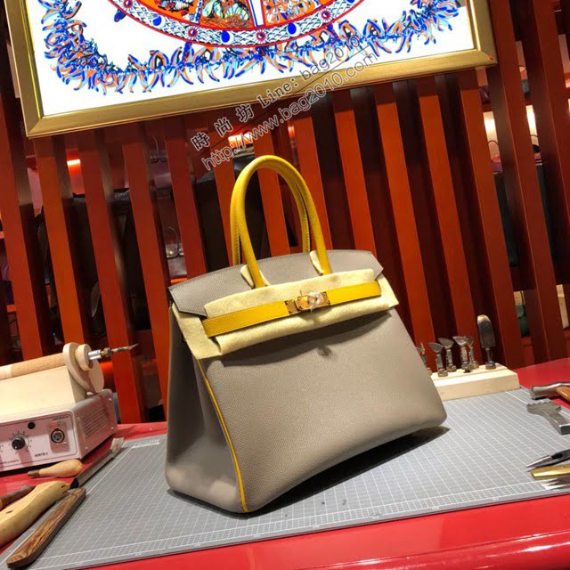 Hermes女包 愛馬仕經典款Birkin包 epsom皮手掌紋 Hermes鉑金拼色女士手提包  am2086